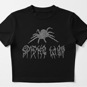 Black Crop Top with Rhinestone Spider Design